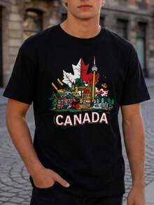 Men's Short-Sleeved T-Shirt With Maple Leaf Print And Canadian Landscapes. - 黑色 - 查看 1
