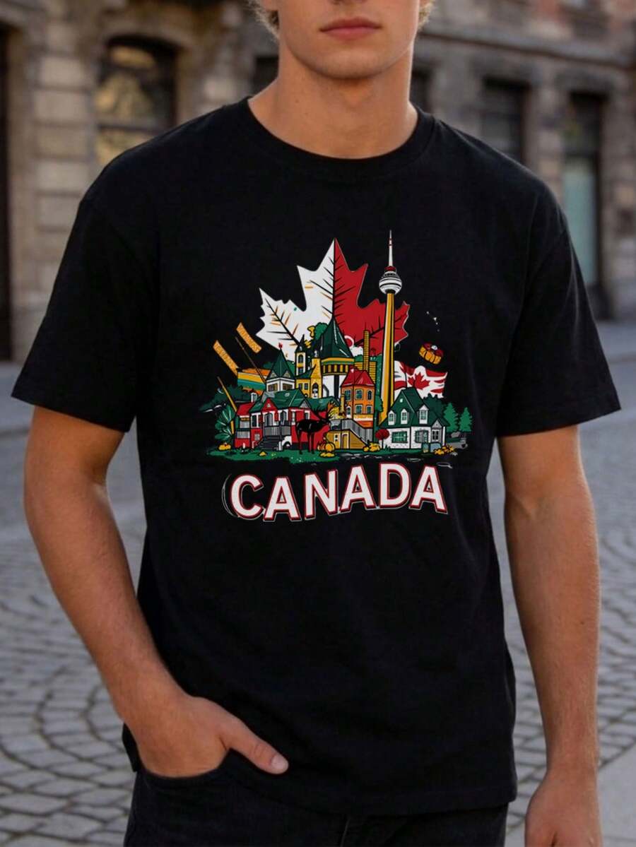 Men's Short-Sleeved T-Shirt With Maple Leaf Print And Canadian Landscapes. - 黑色 - 查看 1