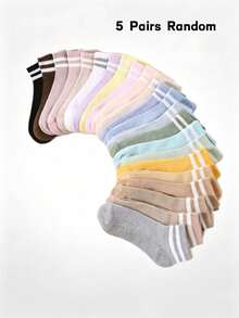 5/10 pares de calcetines cortos deportivos de estilo preppy, multicolor, con bloques de color macaron y dos rayas, suaves, amigables con la piel, transpirables, sin sensación de sofoco, versátiles para todas las estaciones - Multicolor - Ver 8