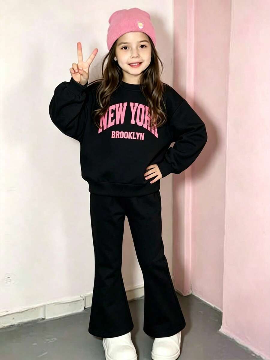 青少年女孩圆领长袖字母印花简约上衣和裤子休闲装 - 黑色 - 查看 1