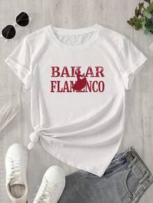 Camisa de mujer de manga corta y cuello redondo con logo rojo y blanco y estampado "Bel Flamingo", apta para todas las estaciones. - Blanco - Ver 1