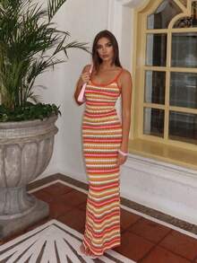 Women's Minimalist Elegant Solid Color Casual Sweater Dress, Spring/Summer Vacation Beach - Multicolor - View 5