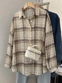 YUXIN Women's Retro Checkered Shirt, Long Sleeved Button Down Jacket, Loose Fit Layered Piece For Daily Camping And Commuting Wear - Apricot - View 5
