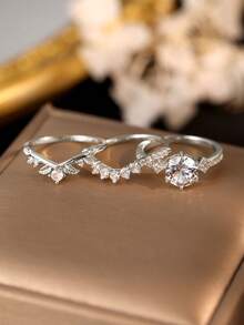 Gift Box Set 3pcs Bridal Ring Set, Round Main Diamond & V-Shaped Leaf Full Diamond Band, Silver Stackable Women's Wedding Rings - Silver - View 11