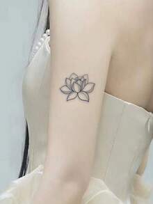 1 Pc Minimalist Lotus Flower Temporary Tattoo Sticker With Delicate Line Art Design, Waterproof Long Lasting Fake Tattoo, Spiritual Boho Body Art For Arms & Wrists - Black - View 3