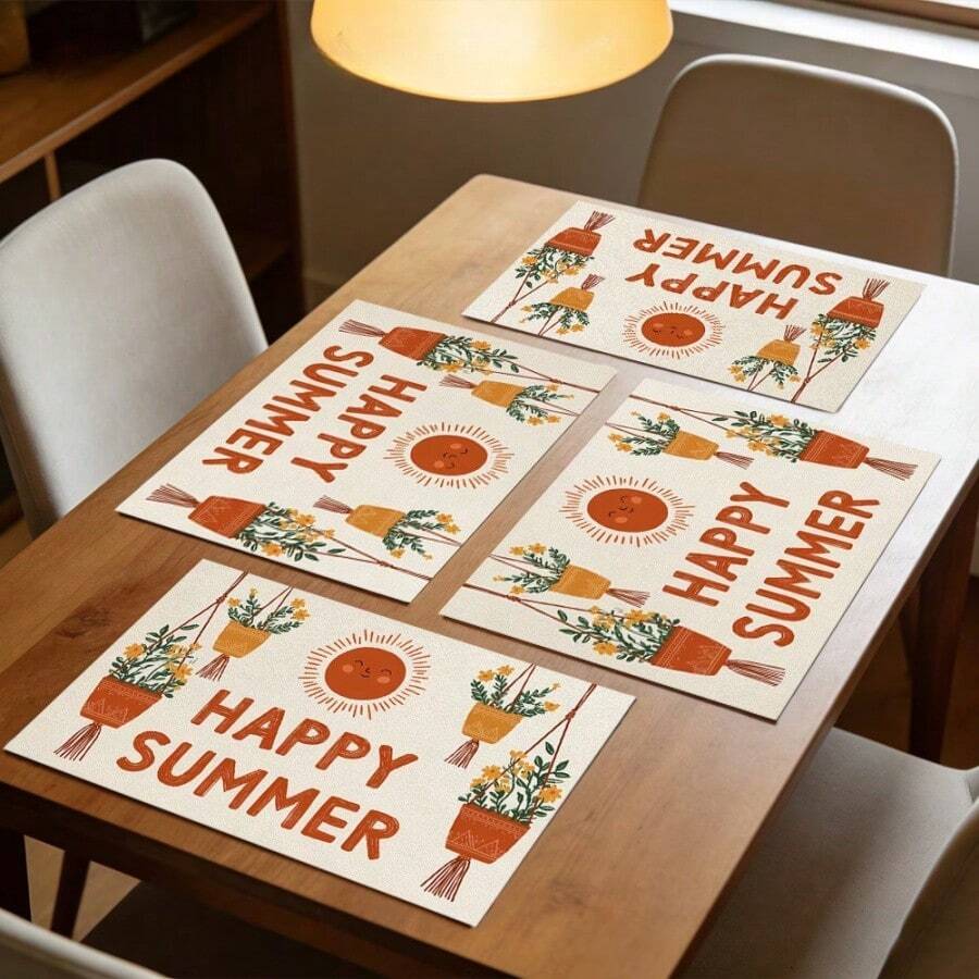 1/2/4/6/8PCS Summer Themed Placemats, 18"*12"(45*30cm), 2 Styles Happy Summer Boho Plant & Summer Bright Yellow Design, 100% Polyester Waterproof Stain Heat Resistant Machine Washable Table Mats For Home Restaurant B&B