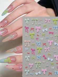 1 Sheet 5D Embossed Colorful Bow Nail Stickers Self-Adhesive Cute Bowknot Nail Art Decals, Pastel Macaron Ribbon Bow Nail Decorations For DIY Manicure Accessories - 彩色 - 查看 2