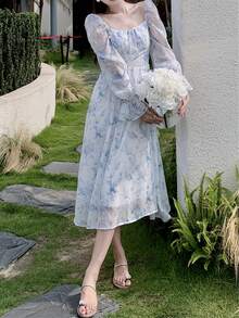 Elegant Women's Summer Dress With French-Style Floral Print, Spring/Summer Holiday Wear For Ladies, High-End Elegant Dress With Temperament, Designer Clothing, High-Quality Fairy Midi Dress That Stylizes The Waist - 鵝黃色 - 查看 1