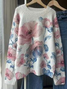 Suéter de punto de manga larga estampado para mujer, ajuste regular, dobladillo de punto acanalado, elasticidad media, adecuado para uso en otoño/invierno, rosa vacaciones - Rosa - Ver 4
