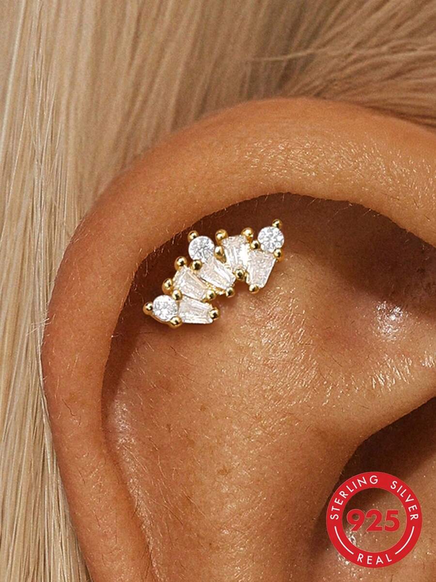 SereneSpark 1件S925纯银皇冠立方氧化锆耳钉,精致女士饰品 - 金色 - 查看 1
