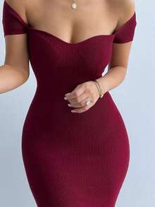 New Ribbed Long Dress With Boat Neck - Burgundy - View 2