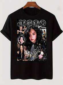 Black With A  Collage Pattern And Signature Design T Shirt,Suitable For Fans And Everyday Wear.Breathable And Lightweight,2026New T Shirt,Made With Breathable Stretch Fabric,Suitable For Casual Wear In Summer,Machine Washable,Suitable For Outdoor And Home Wear.T Shirt,Pattern Printing,Comfortable Fabric. - Black - View 1