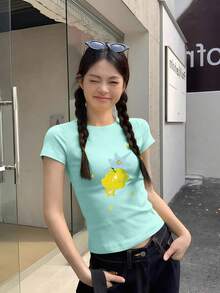夏季辣妹修身短袖T恤女款，蘋果星星印花，運動度假約會必備休閒款 - 薄荷綠 - 查看 2