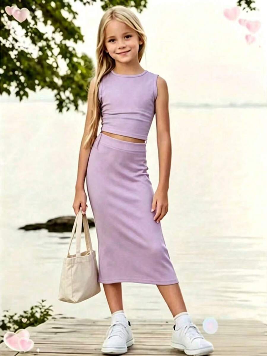 2pcs/Set Girls Dress And Casual Solid Color Pleated Decor Short Vest Set - Lilac Purple - View 1