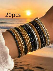 20pcs Bohemian Style Women's Elastic Bracelets, Black Gradient Bead Design, Can Be Layered, Suitable For Beach Vacation, Party, Daily Commute - Black - View 4