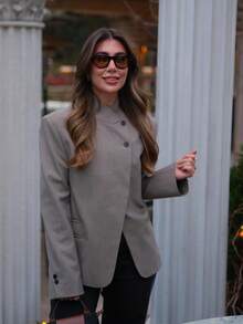 LEILEIBEI Spring/Autumn New Women's European And American Style Fashion Versatile Minimalist Elegant High Neck Blazer Jacket - Khaki - View 6