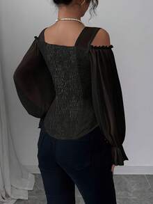 Fashionable Open-Style Design With Long Floral Jacquard Sleeves And Adjustable Shoulder Straps - 黑色 - 查看 2