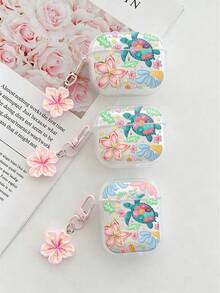 Funda de Auriculares Bluetooth con Diseño de Tortuga Marina y Flores Pintadas Transparente con Pulsera Adicional de Moda Compatible con S4 Funda Protectora Apple Auriculares Bluetooth Inalámbricos Carcasa Brillante Pro2 Cobertura Completa Pods 31/2/3 Generación Funda Protectora Pro a Prueba de Golpes Carcasa Suave - Multicolor - Ver 3