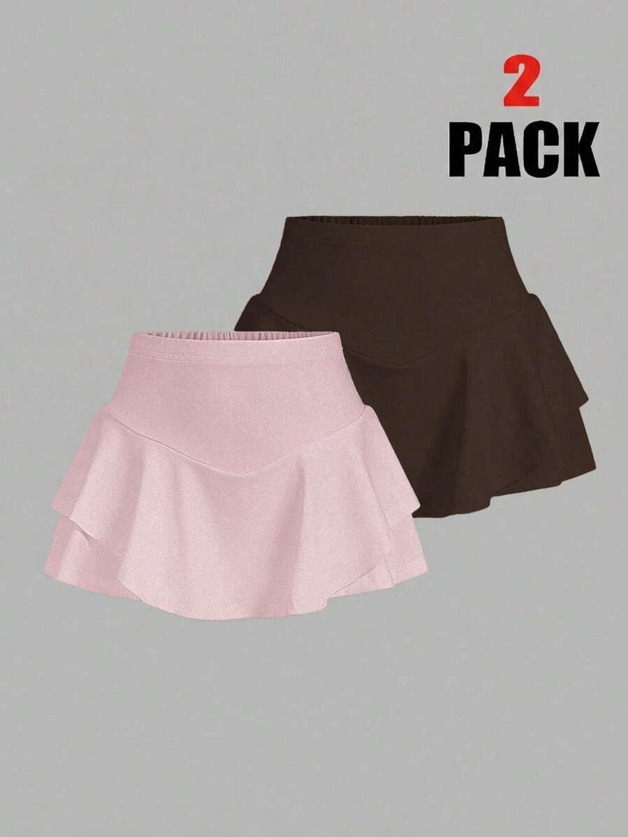 Set de 2 piezas de shorts y falda deportivos casuales de punto para mujer - Multicolor 3 - Ver 1