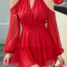 dagjydgfyja  Vestido corto casual, de oficina y para citas con hombros descubiertos, mangas farol, volantes en la cintura y bajo, para primavera/verano/otoño - Rojo - Ver 1