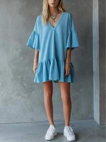 2026 Nuevo en Stock Falda Corta Holgada de Verano para Mujer con Volantes y Cuello en V de Color Sólido - Azul - Ver 3