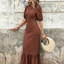 Vestido midi con espalda abierta, lazo en la cintura y mangas abultadas con estampado de cuadros retro francés para mujer - Perfecto para vacaciones y oficina AG - Amarillo - Ver 10