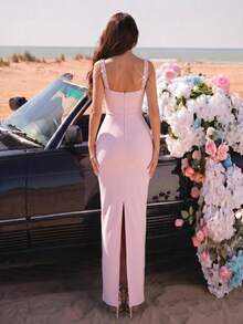 New Sexy Spaghetti Strap Square Neck Backless High-End Hot-Selling Rhinestone Floral Design Solid Color Slimming Long Dress Bridesmaid Dress - Baby Pink - View 6