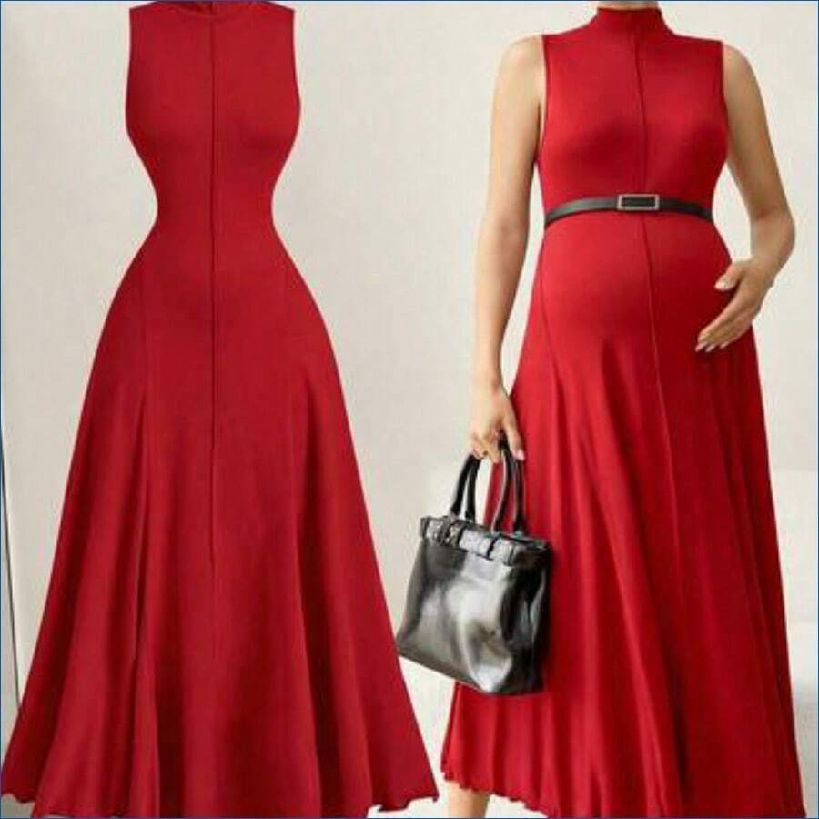 HENG
 MaterniWear Vestido de maternidad de unicolor, cuello alto, holgado, informal, sin mangas para vacaciones - Rojo - Ver 1