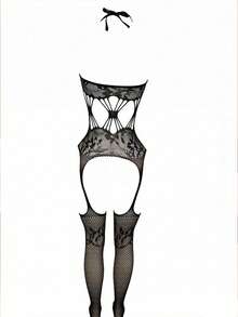 Sexy Fishnet Lingerie, Women's Plus Size Lace Slip Dress, Black Fishnet Dance Dress - Black - View 4