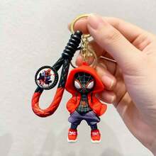 Miniso 迪士尼漫威蜘蛛人 Miles Morales 鑰匙圈，可愛連帽超級英雄娃娃鑰匙環組，開學季可愛風背包錢包吊飾，酷炫包包掛件收藏玩具禮物，適合送給朋友、車鑰匙裝飾 - 樣式 2 - 查看 1