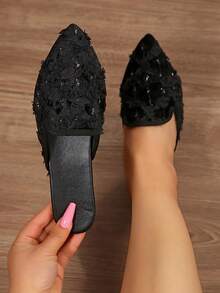 Mocassins mules plats demi-Glissant à bout pointu pour femmes, grande taille 36-43, coupe large, mode printemps/automne, faciles à enfiler, semelle souple, confortables et polyvalents, noirs avec fleur en dentelle - fleurs en dentelle noire - Voir 3