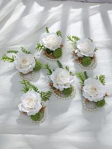 1 pieza/6 piezas Rosa blanca Alan con cuentas doradas y bayas verdes, follaje artificial estilo Mori, elegante corsage de muñeca, adecuado para novia, dama de honor, madre, suegra - Blanco - Ver 6