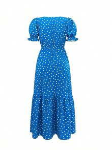 1pc Vestido Casual de Mujer con Lunares, Maxi A-Line con Cuello Cuadrado, Tela, para Primavera/Verano/Otoño - Azul - Ver 3
