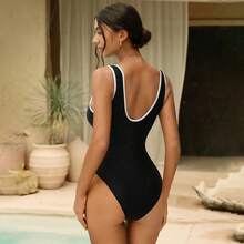 Traje de baño de una pieza y elegante para mujer con escote en V profundo y espalda en U, en blanco y negro, mejor vendido para el verano, conjunto de traje de baño y vacaciones en la playa - Negro - Ver 8