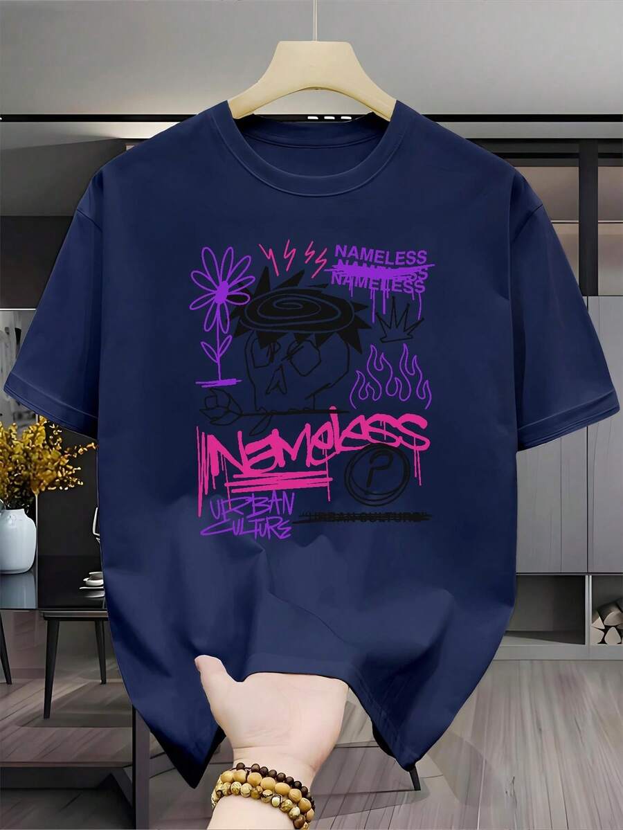 New Versatile Men's Casual Fashion T-Shirt, 100% Cotton, Short Sleeve, With Black Base And Artistic Graffiti Print Of Purple Floral Flames, Modern Urban Style, Custom Print, Unisex (For Men And Women), Comfortable Material, Short Sleeve T-Shirt, Suitable For All Seasons, Gift For Holidays And Birthdays - Unisex Style. - 藏青色 - 查看 1