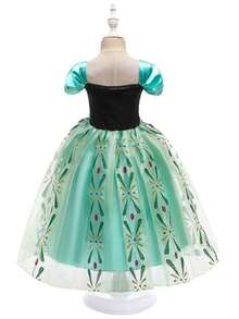 8pcs Girls Green Short Sleeve Floral Pattern Dress Crown Accessory Set, Children's Role Play Dress Set, Girls Party Halloween Christmas Carnival Costume Set - Green - View 8