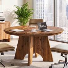 Tribesigns 47" Solid Wood Round Conference Table For 4-6 People, Farmhouse Meeting Table With Thicken Tabletop, Circle Office Table For Conference Room, Breakroom, Training, Negotiation, Brown - A - 查看 1