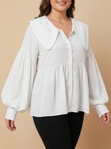 Plus Size Women Loose V-Neck Elegant Peter Pan Collar Long Sleeve Ruffle Hem Solid Color Blouse White Spring - White - View 1