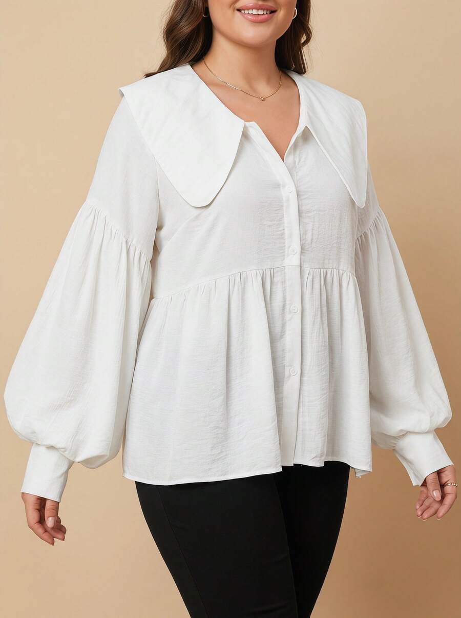 Plus Size Women Loose V-Neck Elegant Peter Pan Collar Long Sleeve Ruffle Hem Solid Color Blouse White Spring - White - View 1