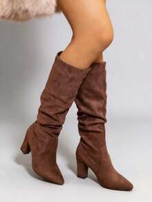 Black Slimming Multi-Color New Crinkle Tall Boots, Pointed Toe Chunky Heel Over-The-Knee Boots For Women, Autumn/Winter 2025 - Coffee Brown - View 8