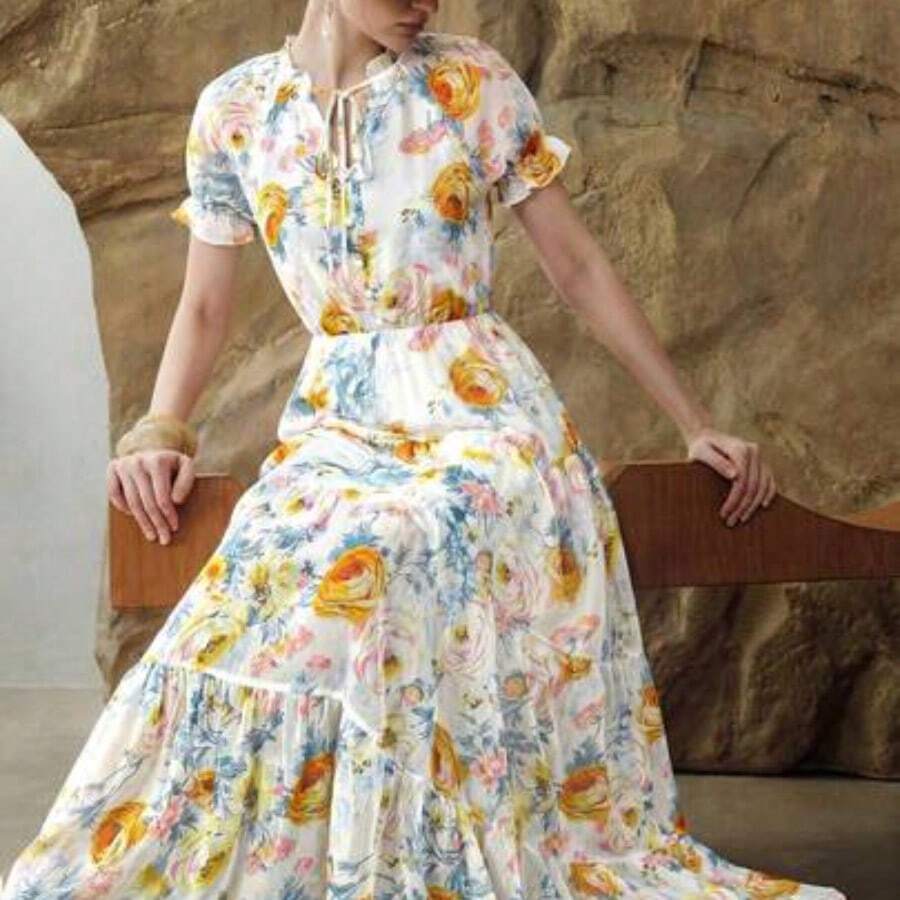 yonghongmaoyi1 Vestido corto con estampado floral, manga corta con volantes y bajo con volantes de gasa para mujeres - Beis - Ver 1
