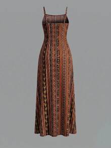 Vintage Printed Spaghetti Strap Dress, High Slit Design For Summer Beach Vacation Party Elegant - Multicolor - View 8