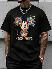 Men's Disney Mickey Mouse Collage Print T-Shirt - All-Over Character Pattern, Casual Crew Neck Short-Sleeve Top - Black - View 1