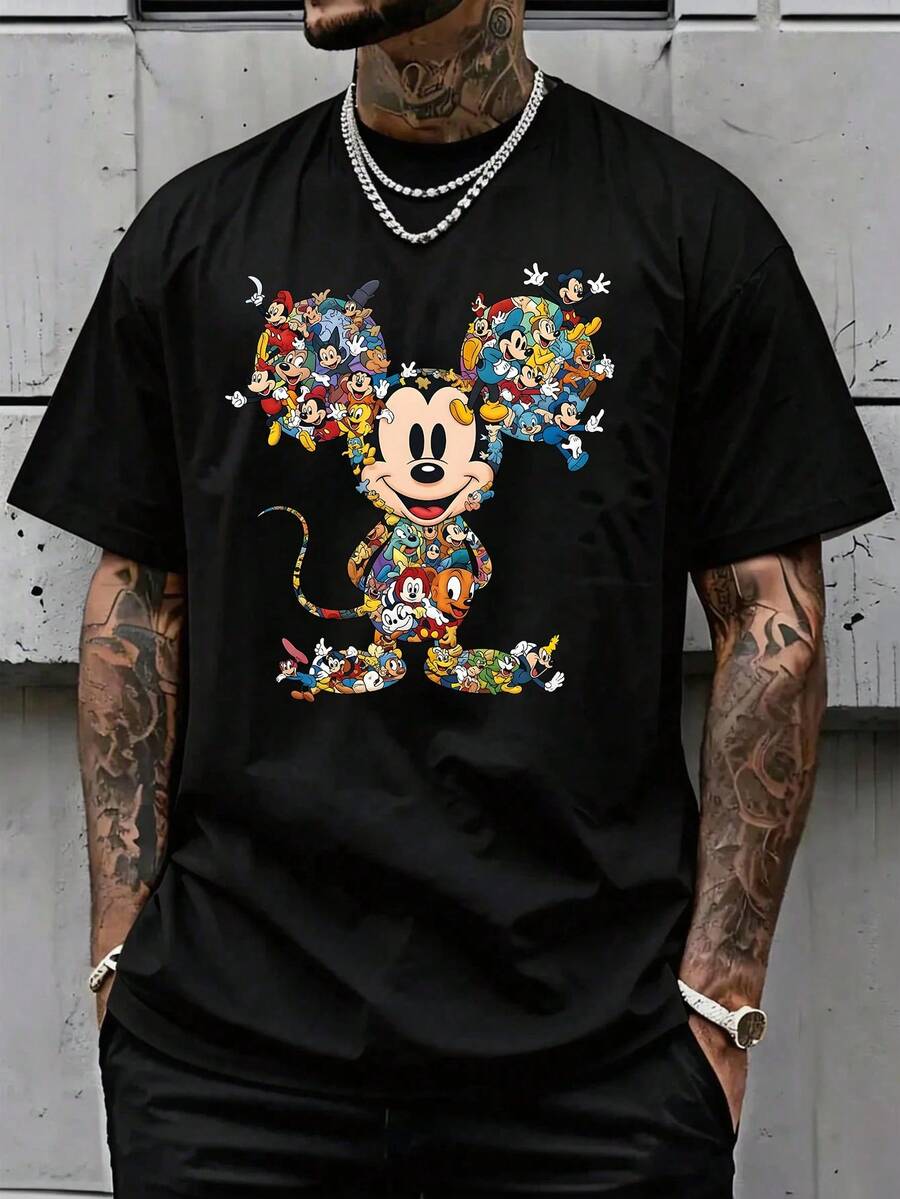 Men's Disney Mickey Mouse Collage Print T-Shirt - All-Over Character Pattern, Casual Crew Neck Short-Sleeve Top - Black - View 1
