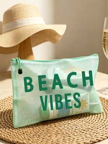 多色防水時尚網布沙灘包,印有「Beach Vibes」圖案的化妝包,沙灘主題。大容量透明化妝包配尼龍拉鍊,便攜式化妝收納包,適合女性使用,可收納化妝品、洗漱用品和旅行必需品,適用於日常使用、度假、出差、健身、沙灘,適合學生、旅行者和美容愛好者,非常適合夏季假期、生日和伴娘禮物,可用作化妝包和洗漱包 - 彩色 - 查看 9
