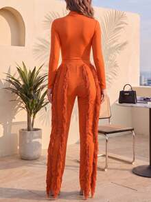 CALEBGAR Women's Sexy Two Piece Outfits Long Sleeve Fringe Pants Set Clubwear Going Out Birthday Party Night Outfits - 橘色 - 查看 2