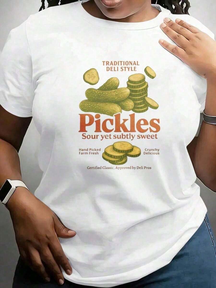 Stylish Everyday Outfits Vintage Lisbon Slogan Print Cotton T-Shirt Fun Friday Print T-Shirt Friday Print Traditional Style Tangy But Slightly Sweet Pickles Hand-Picked Farm Fresh Crunchy Gentrified Classics Expert Approved T-Shirt Suitable For Holiday Parties, Outings, Sports And Other Holiday Gifts Loose Summer Wear For Women - 白色 - 查看 1