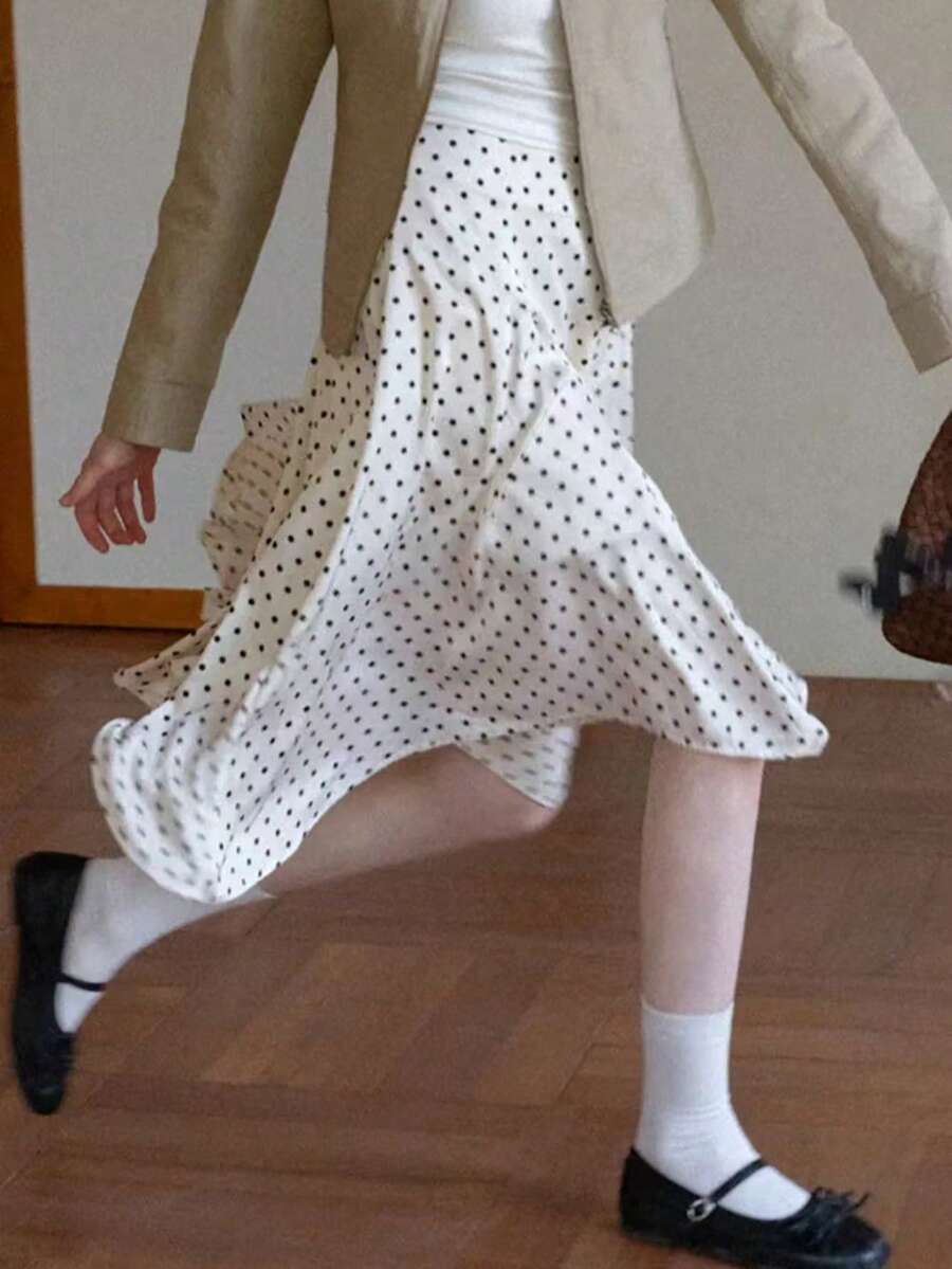 女款春夏秋季復古優雅度假風圓點印花不對稱下擺裙 白色 - 白色 - 查看 1
