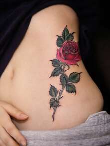1pc Fashionable Cool Tattoo Sticker, Couple Tattoo, Black Fake Tattoo, Disposable Tattoo, Rose, Flower, Leaf, Waterproof Non-Reflective, Easy To Apply And Remove, Very Realistic, Suitable For Men Or Women Legs, Feet, Chest, Legs, Arms, Waist, Abdomen Tattoo Sticker Music Festival Party Supplies - Black - View 9