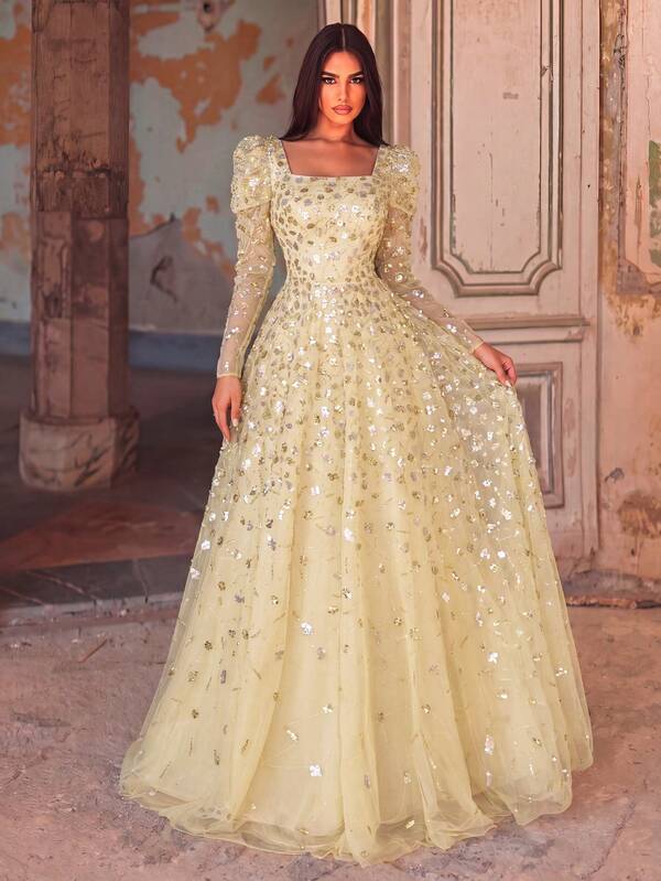 Elegant Square Neck Evening Gown, Decorated With Exquisite Sequin And Bead Embroidery, Tulle Sleeves, Adjustable Shoulder Straps On Back - Floor-Length Flowing Skirt, Suitable For Weddings, Evening Parties And Celebrations